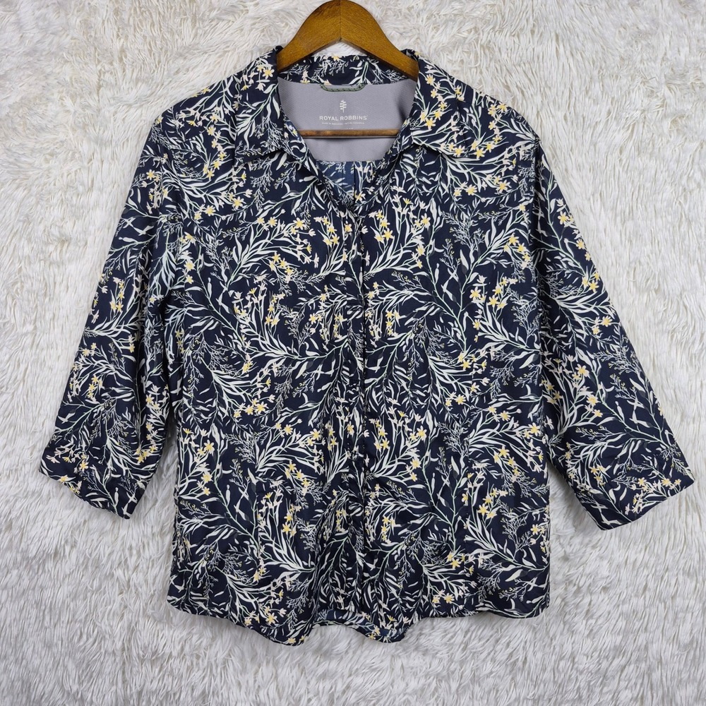 Royal Robbins Expedition II Print 3/4 Sleeve Roll Tab Snap Shirt Navy Floral XL
